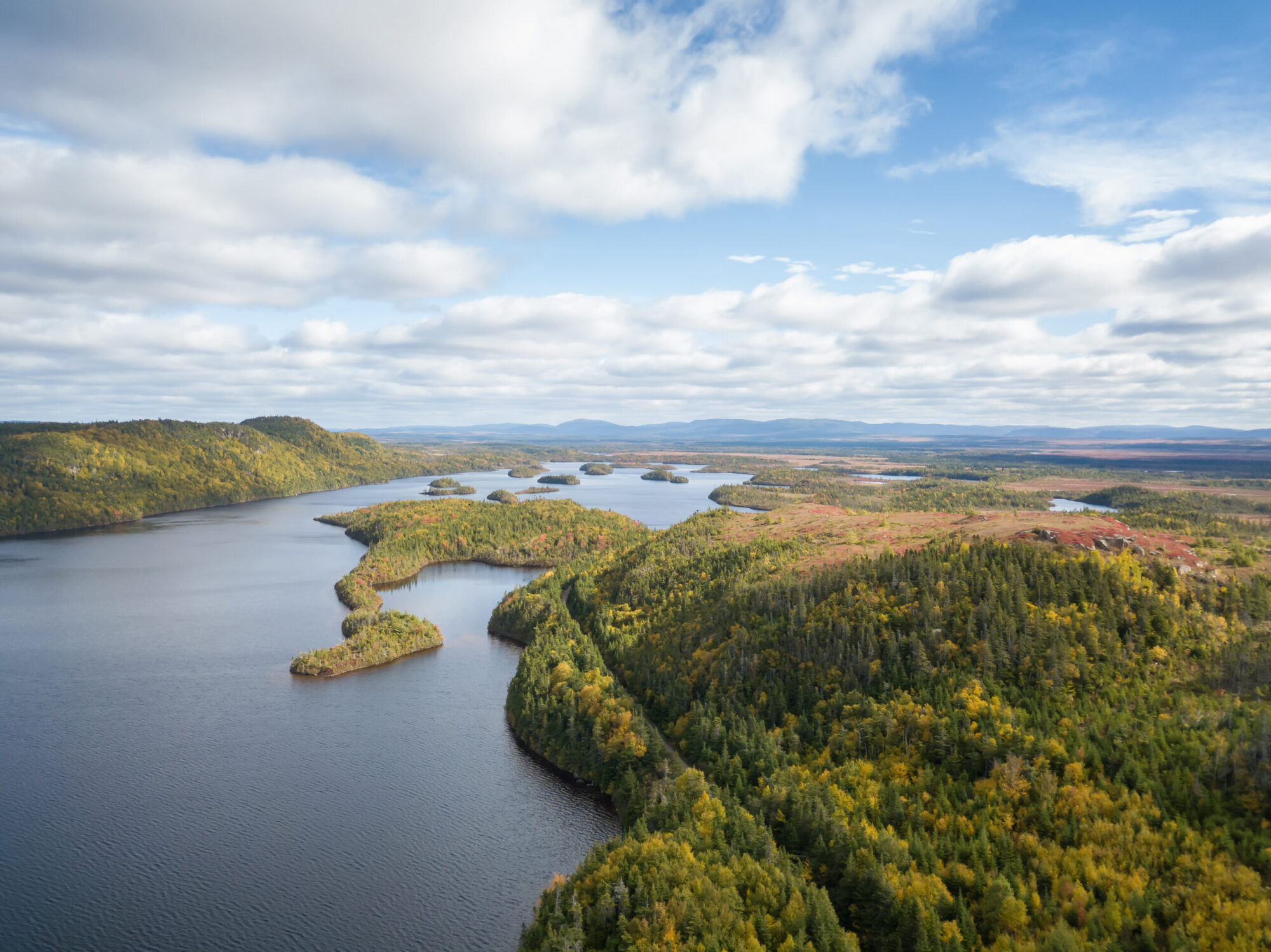 Vue aérienne de lacs et de forêt au Canada.