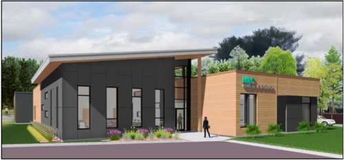 Une esquisse de l'aspect extérieur du futur siège social de la MRC de La Vallée-de-la-Gatineau à Gracefield.