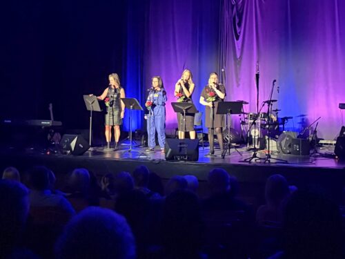 scène de spectacle avec éclairage mauve et bleue et sur scène 4 femmes vêtue en noir qui chantent à un micro