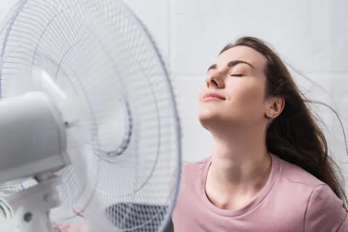 attractive positive girl feeling comfortable with electric fan at home during summer heat