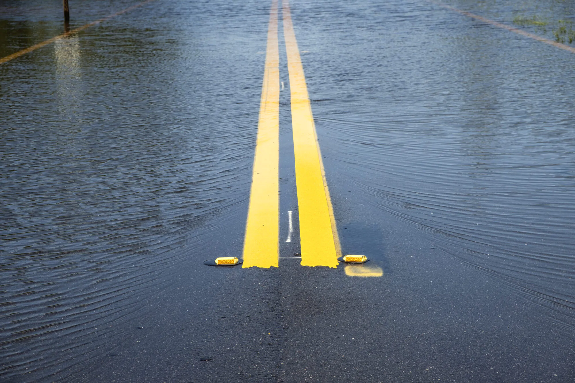 route asphaltée ave lignes jaunes doubles et flaque d'eau