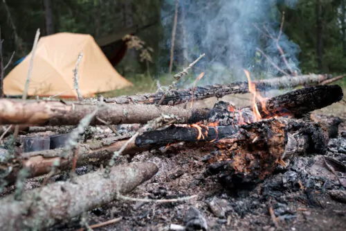 Un tas de branches mortes brûle et émet de la fumée. Plus loin, une une tente orange est installée dans un décor forestier.