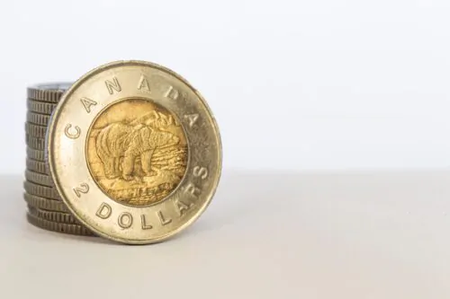 Une pièce de deux dollars canadiens est adossée à une pile de pièces de monnaie sur un fond neutre.