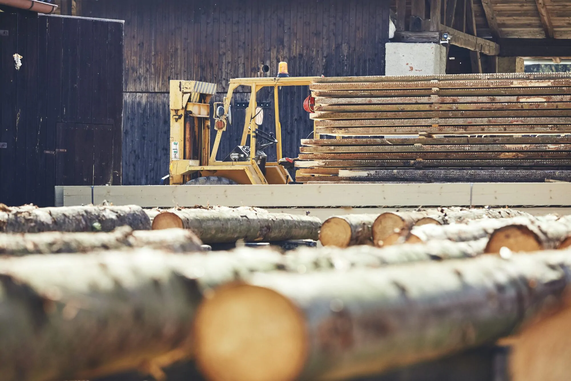 Des troncs d'arbres sont alignés au premier plan de la photo. En arrière, on peut voir de la machinerie lourde et une pile de planches, devant un bâtiment d'usine.