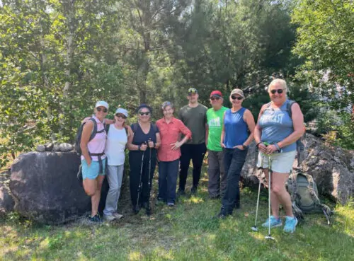 groupe de randonneurs pédestres en forêt avec bâtons de marche et vêtements légers, casquettes et lunettes de soleil