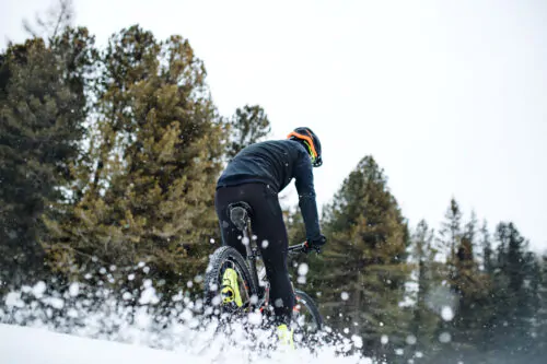 Un cycliste roule dans la neige dans un environnement forestier en hiver.